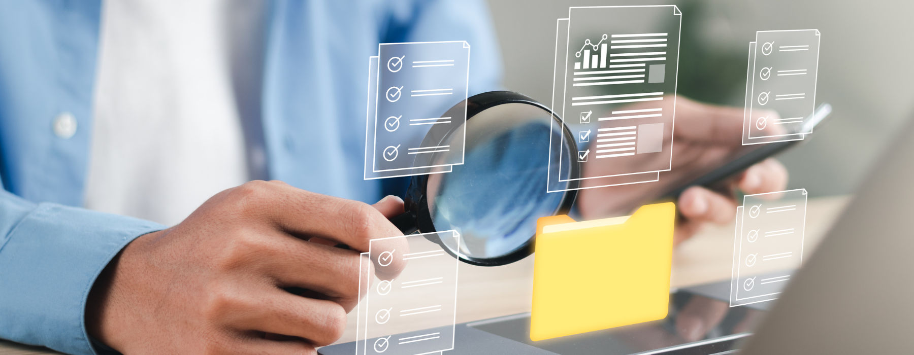 businessman working at desk document management concept, digital documents on screen with folders and search or magnifying glass