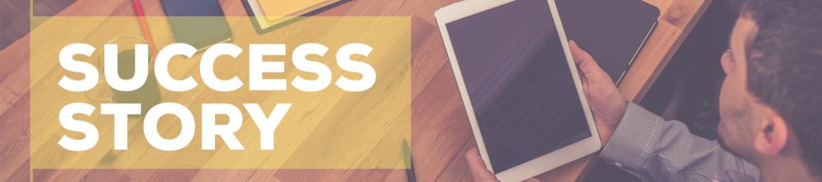 Success story concept. Man with tablet.