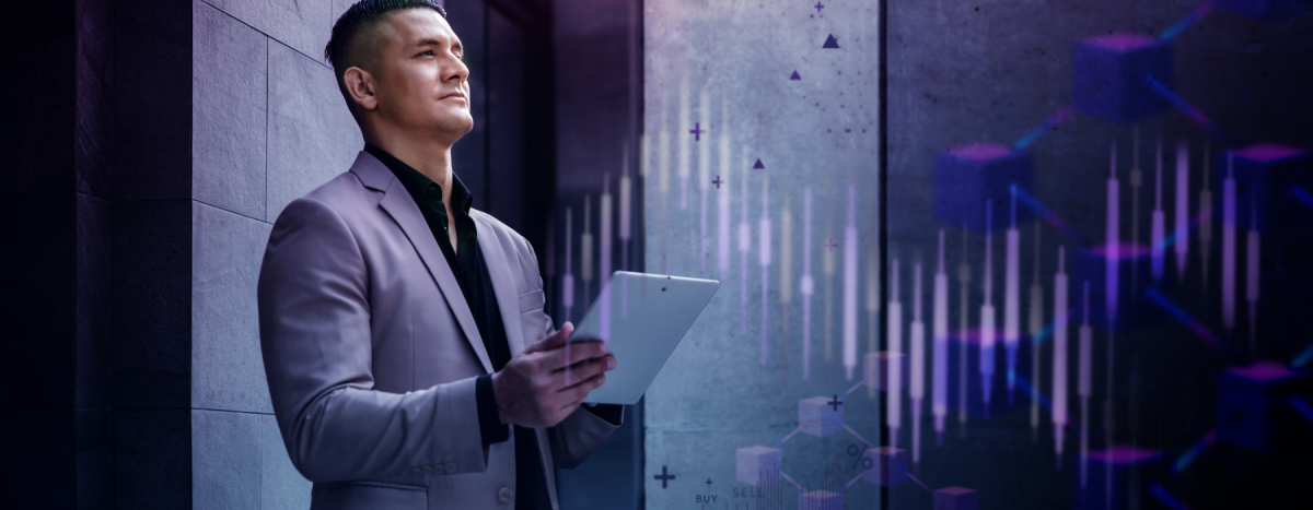 businessman in suit holding tablet showing the mobile capability of working from anywhere