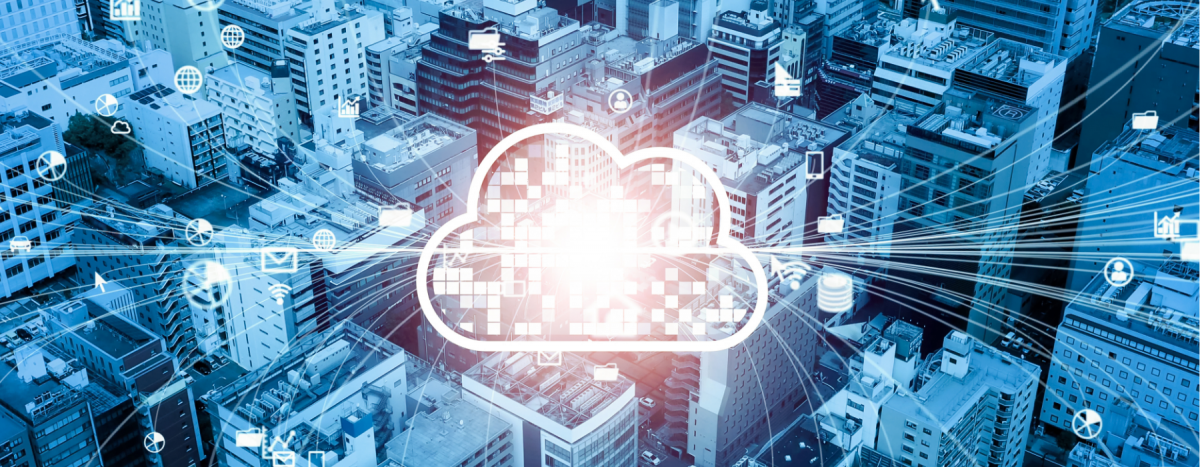cloud service concept - cloud computing or infrastructure above a city