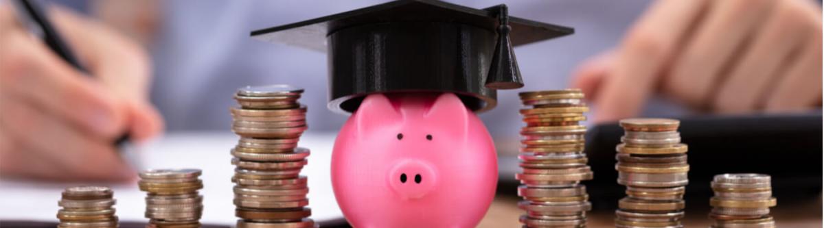 education budget concept, piggy bank, graduation cap