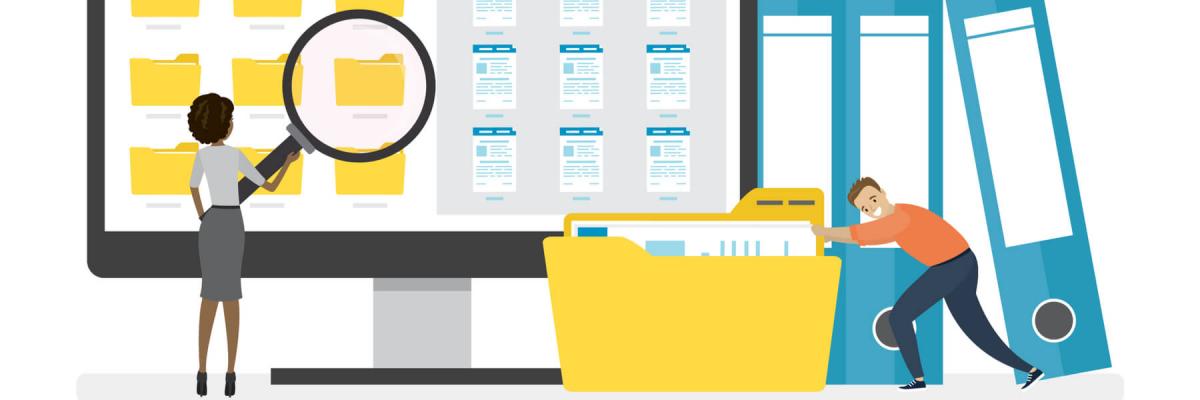Monitor display with yellow folders, documents and media. vector illustration